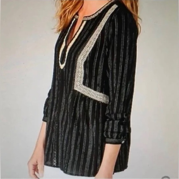 J. Jill Embroidered Popover Black Peasant Blouse Women's V-Neck Boho Size M - Picture 3 of 11